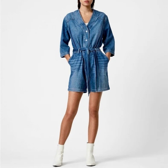 AllSaints Abbey Denim Jumpsuit Short Belted Onesie Romper Blue Sz 4 - Picture 13 of 15